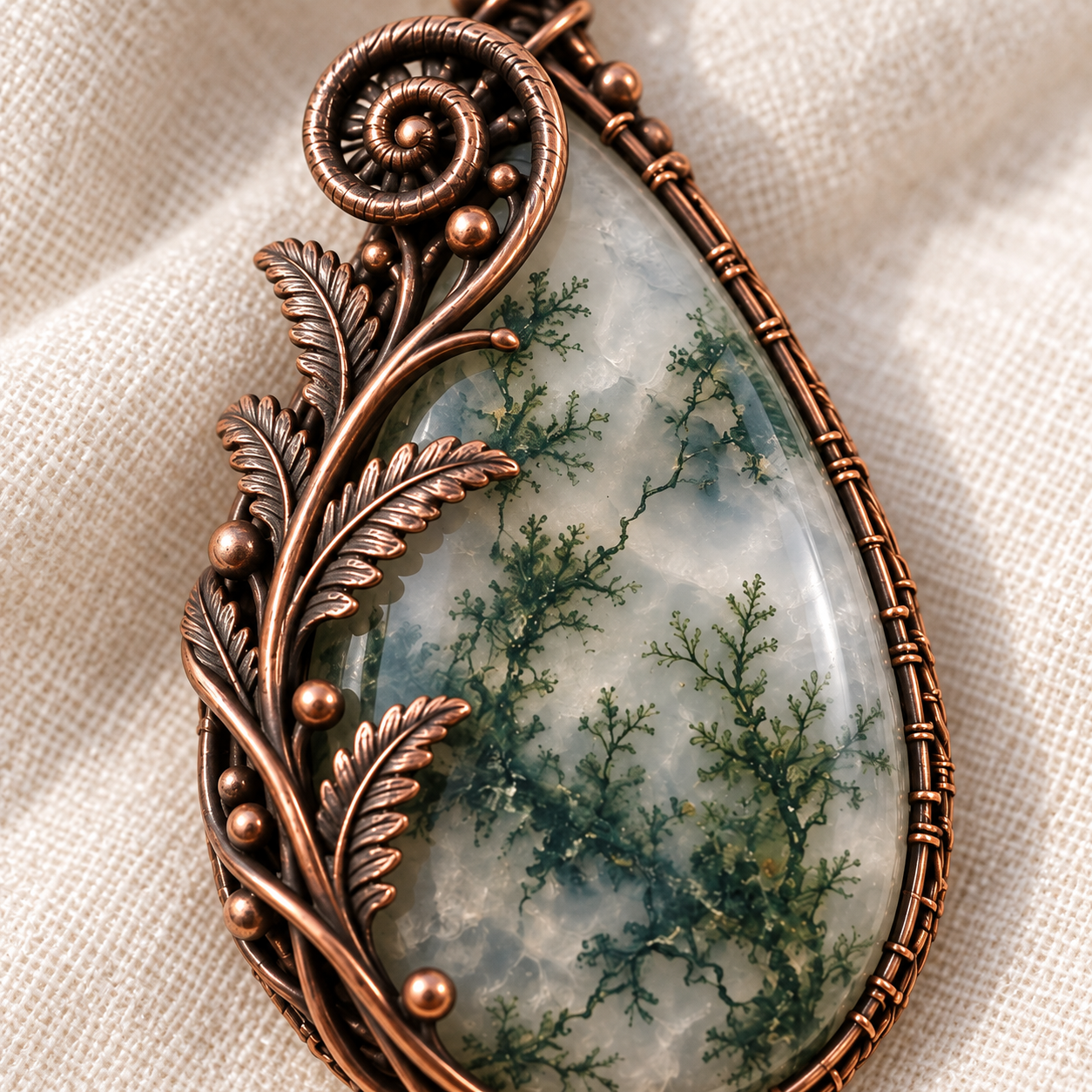Forest Fern - Moss Agate Pendant - detail view (AI-generated design concept)
