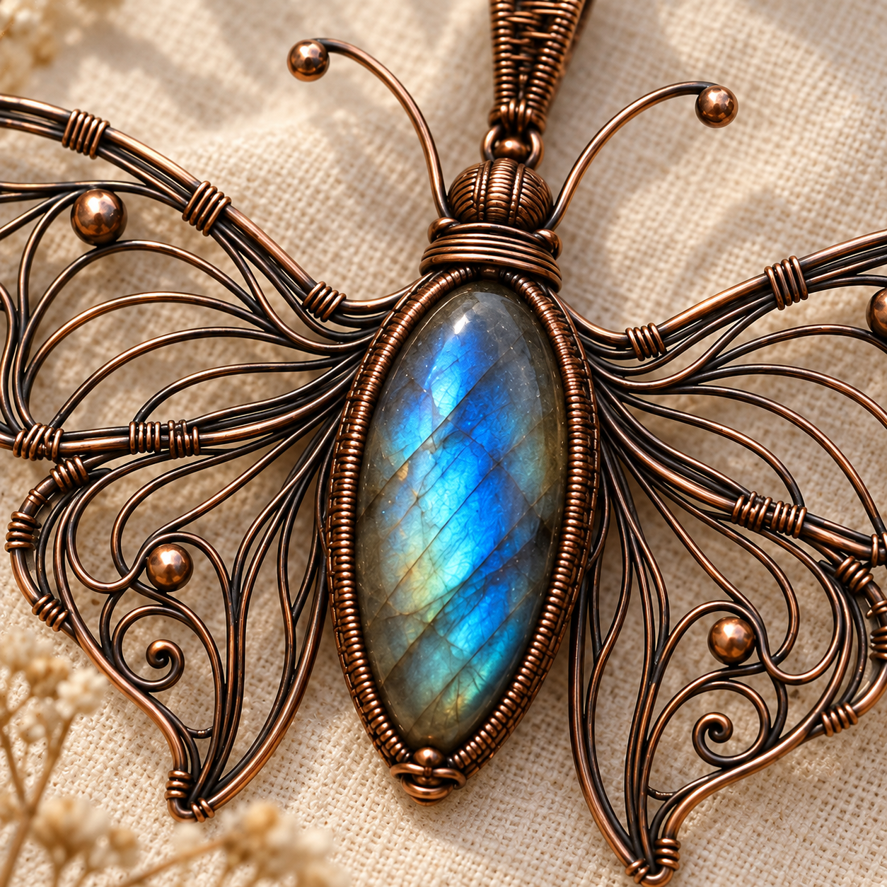 Luna Moth - Labradorite Pendant - detail view (AI-generated design concept)